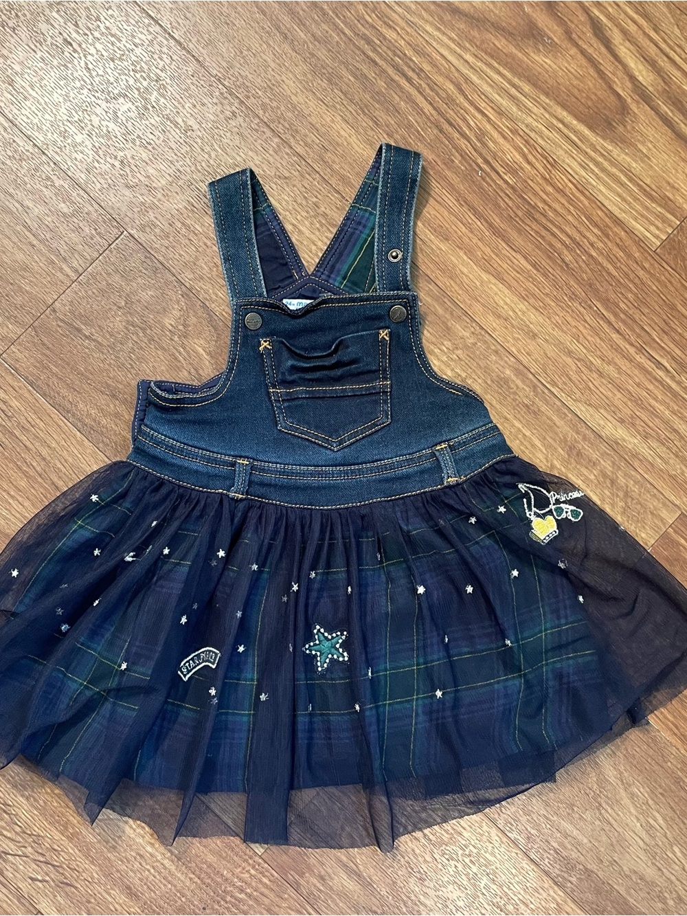 Mayoral Toddler Girl Denim Plaid Tulle Jumper Dress 24 M Preppy Space Theme